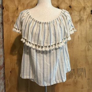 ARTISAN NY Cold Shoulder Top Tunic Sz L Blue White Striped Tassels